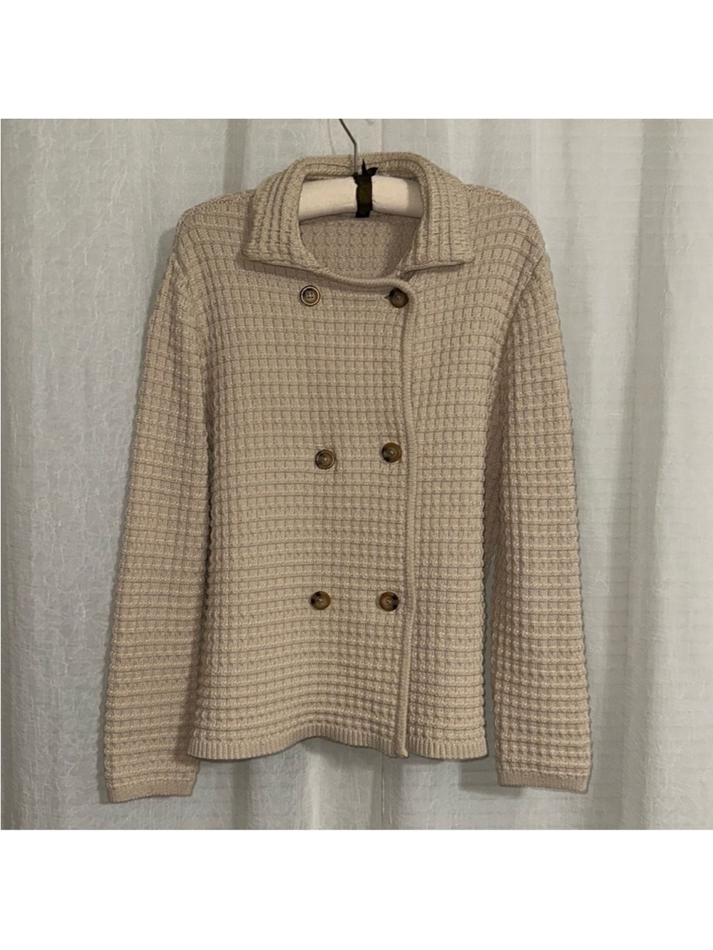 Ann Taylor XL Light Brown Tan Knit Double Breasted Collared Sweater Jacket